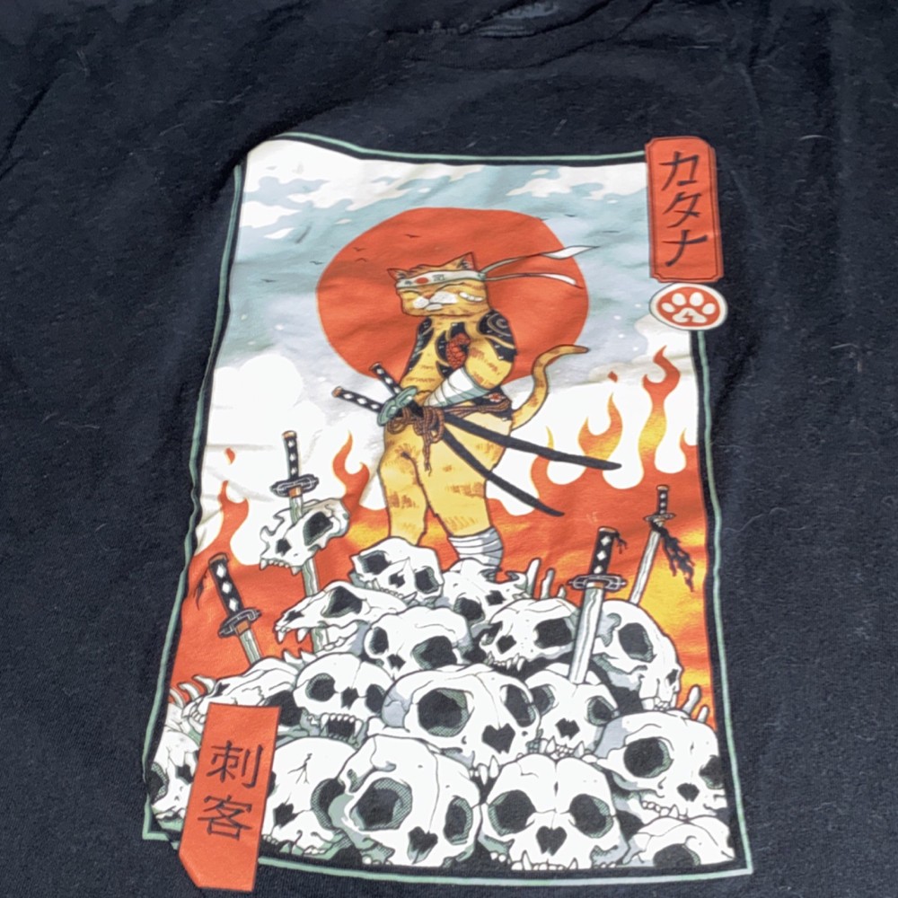 Threadless Men's XL  Black Cotton Graphic Cat Samurai Crew Neck T-Shirt