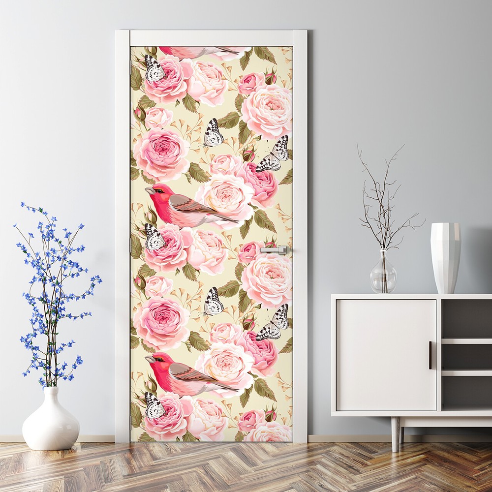 Floral birds Bubble Free Door sticker pink and green Decal Decor traditional