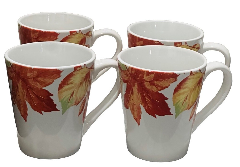 Royal Norfolk 12 Oz Coffee Cups Set of 4 with Leaves & Acorns Design for Thanksgiving
