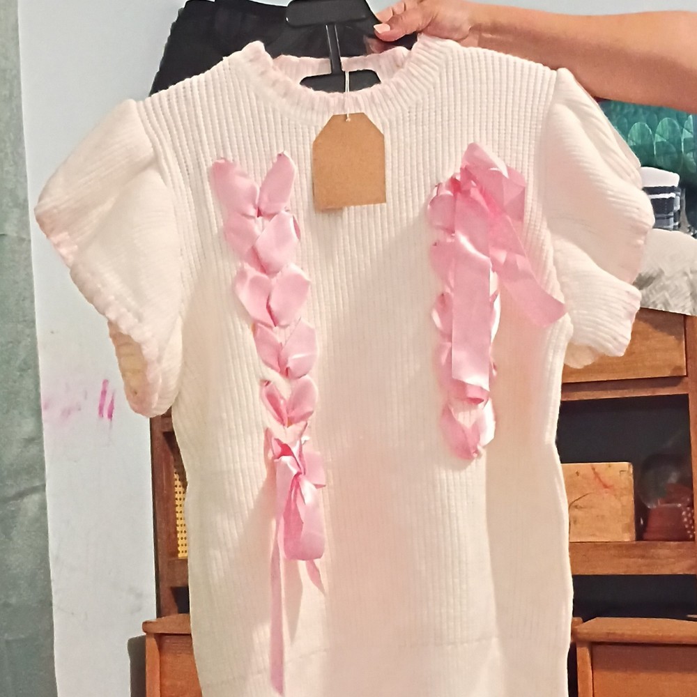 Women's White Pink Ribbon Bow Short Sleeve Mock Neck Knit Blouse Size M