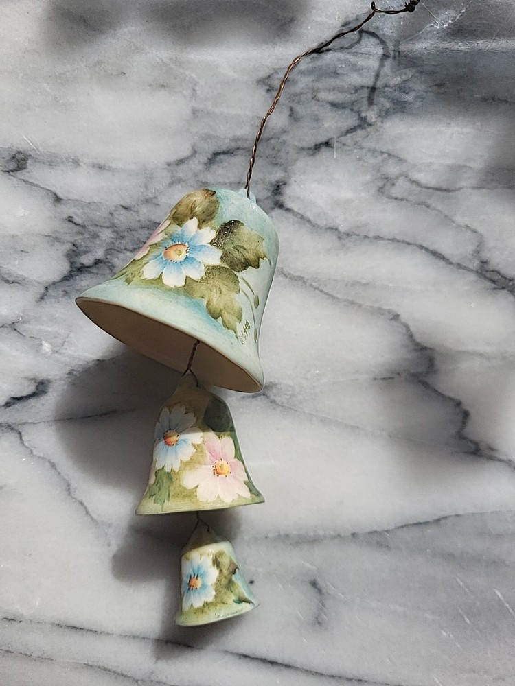 Vintage Hand Painted Ceramic Tiered Bell Wind Chime - Blue & Pink Floral - 3...