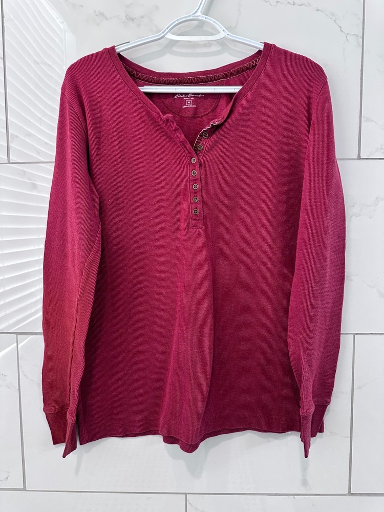 Eddie Bauer XL Red Thermal Henley Top Waffle Knit Long Sleeve