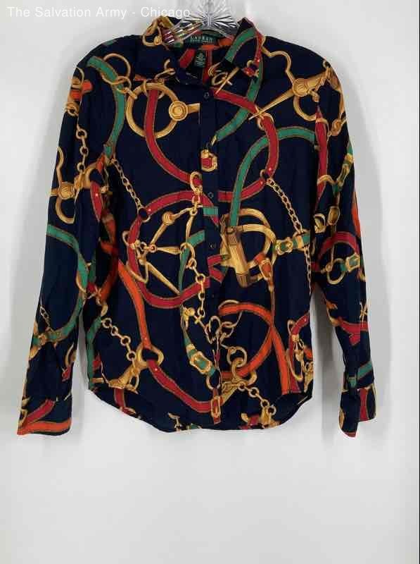 Lauren Ralph Lauren Womens Multicolor Equestrian Belt Print Button-Up Shirt Sz M