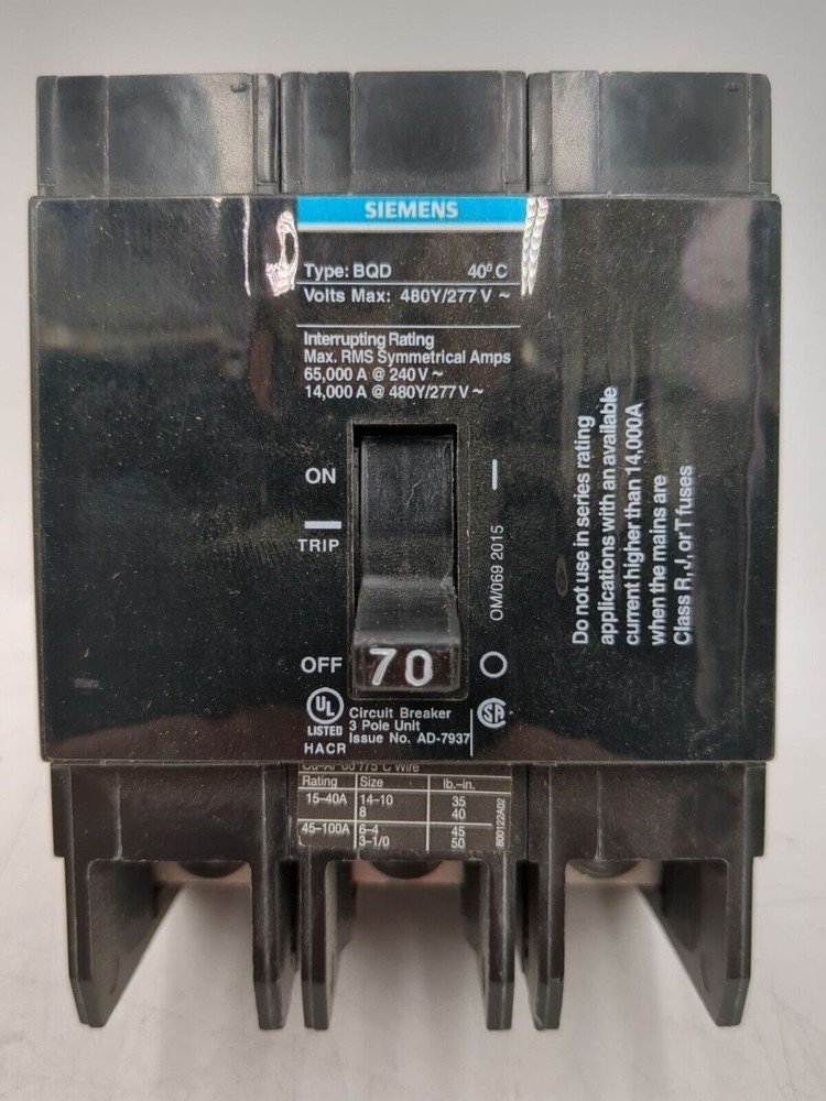 SIEMENS BQD370 Bolt On Circuit Breaker 70A 3P 480V BQD 70 Amp 3 Pole Used