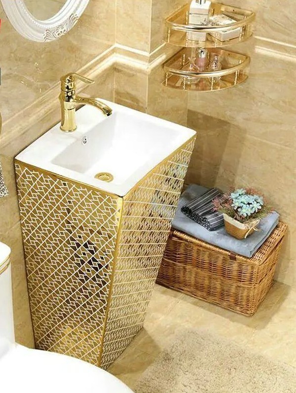 Rectangular Pedestal Sinks with Stand and Overflow with Geometric Mosaic Designs