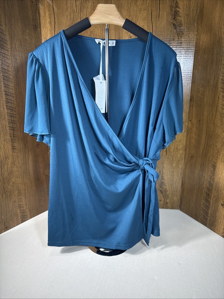 Grace Karin Chiffon Flowy Flutter  Sleeve V-Neck Wrap Blouse Office Women's 2XL