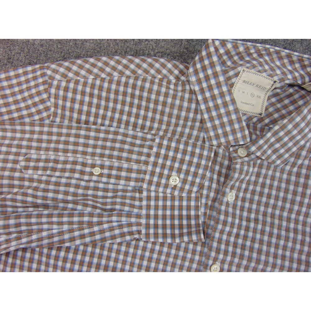 Billy Reid Shirt Mens XL Standard Cut Brown White Gingham Long Sleeve