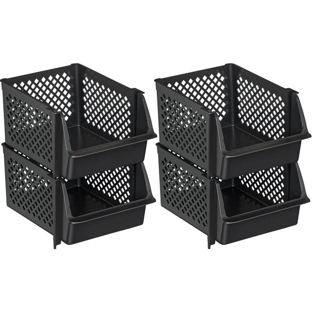 19 qt Black Stackable Pantry Storage Bins 4-Pack Plastic Organizers