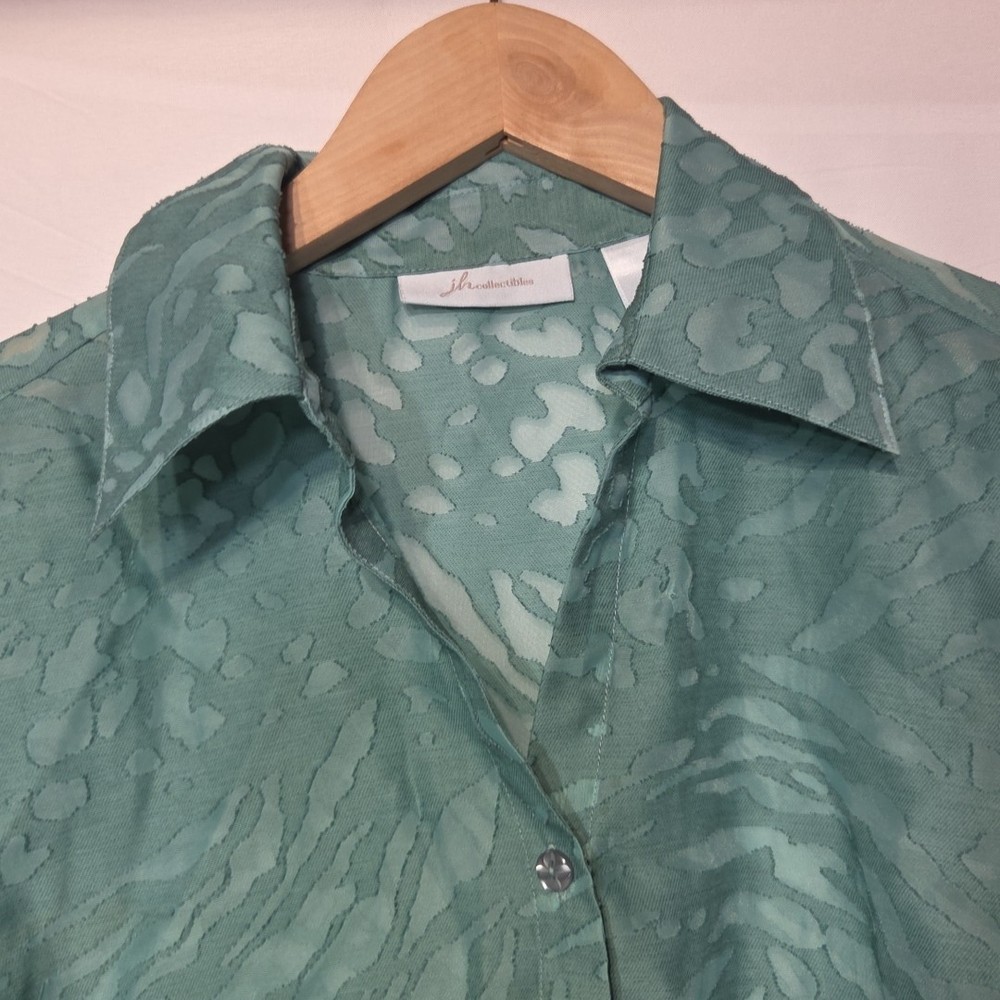 JH Collectibles Blouse Medium Teal Burnout Sheer Button Front 3/4 Sleeve Lightwe