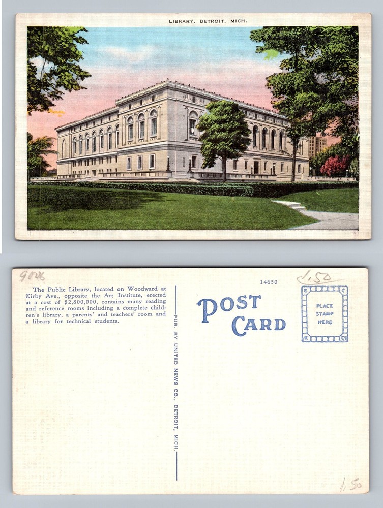 Detroit, MI-Michigan, Public Library Building View Old Vintage Postcard