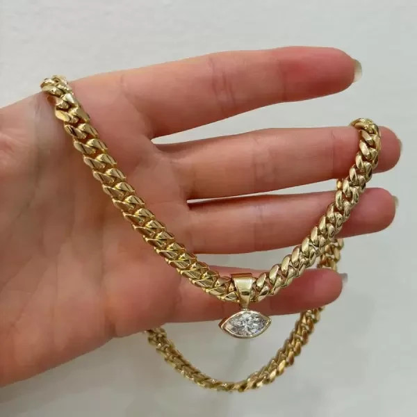 10mm Miami Cuban Link Chain With Evil Eye Pendant 14K Yellow Gold Plated Silver