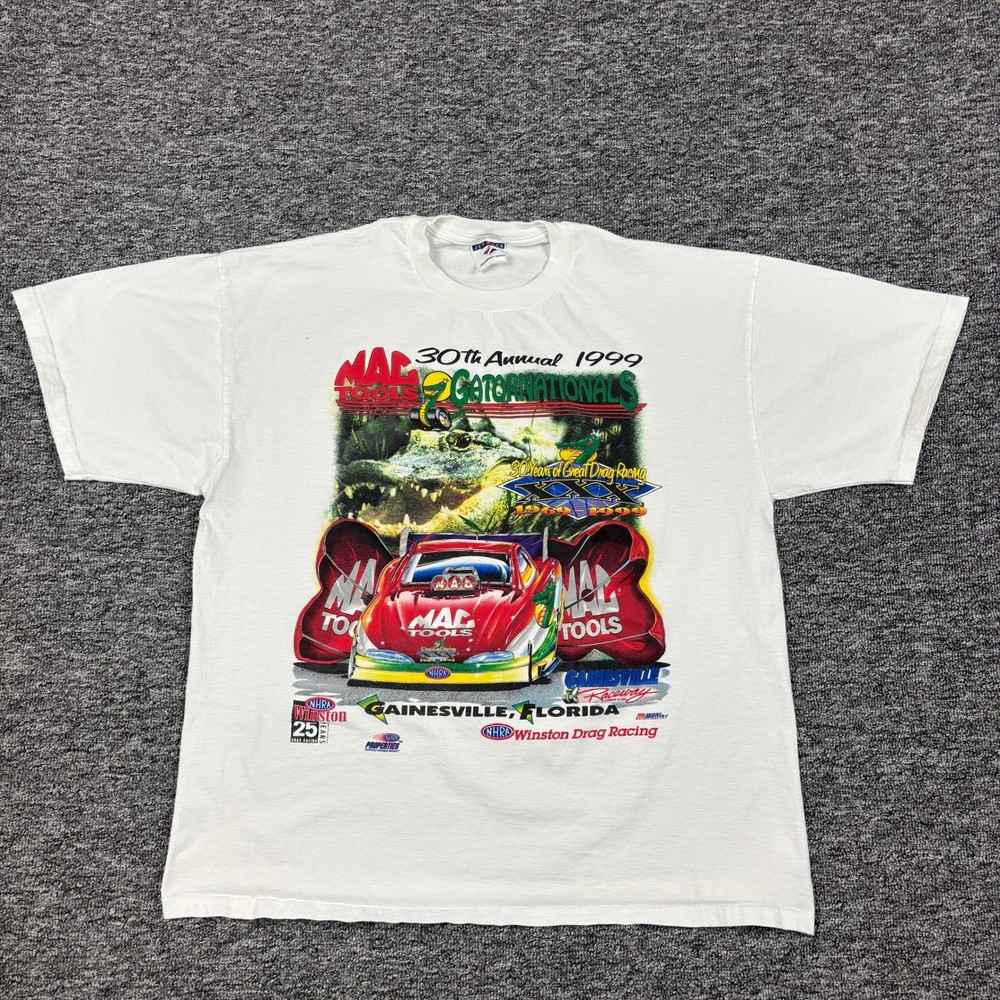 Vintage 90s Jerzees NHRA Mac Tools Florida Racing White Graphic T-Shirt Men's XL