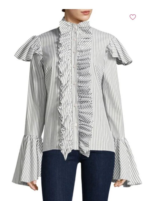 Caroline Constas Marla Blue Stripe Ruffle Button Down Blouse Size Small