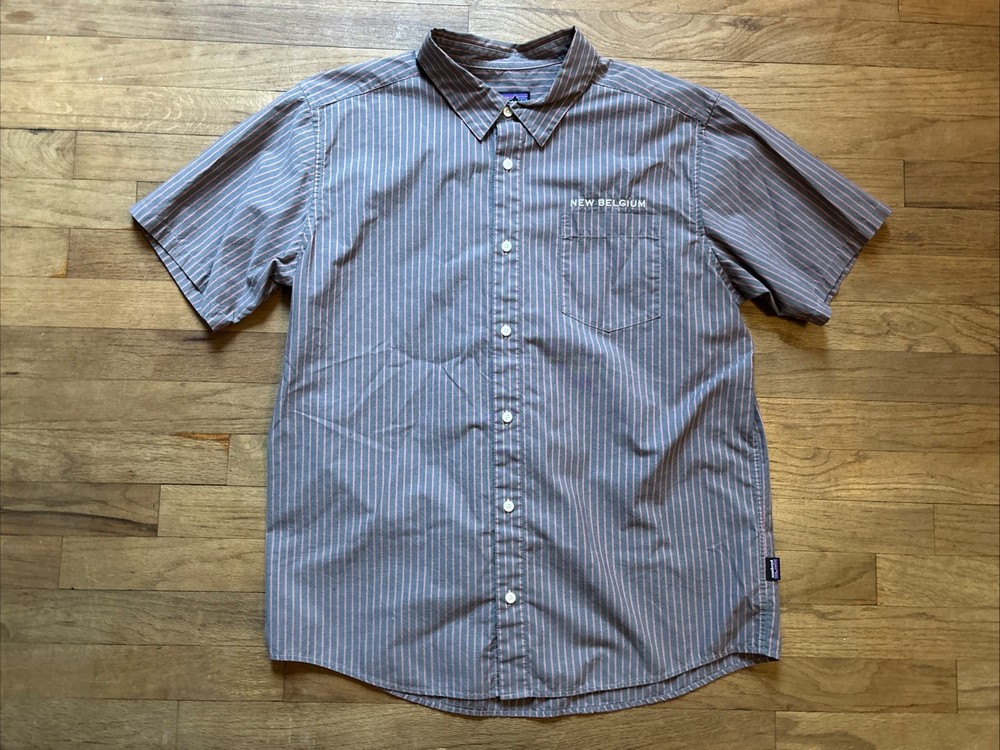 Patagonia Button Up Short Sleeve Shirt New Belgium Red Striped Mens Large