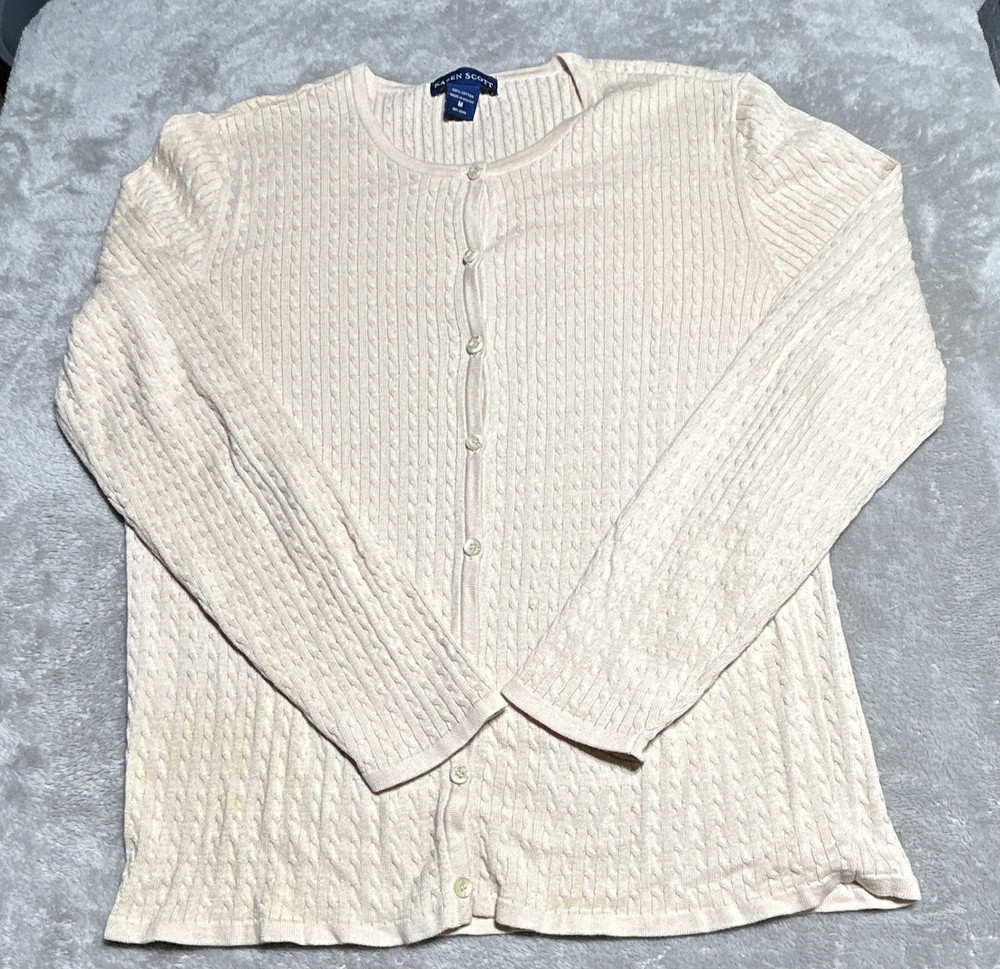Karen Scott Women’s Ivory Cable-Knit Button-Front Cardigan Sweater Cotton M
