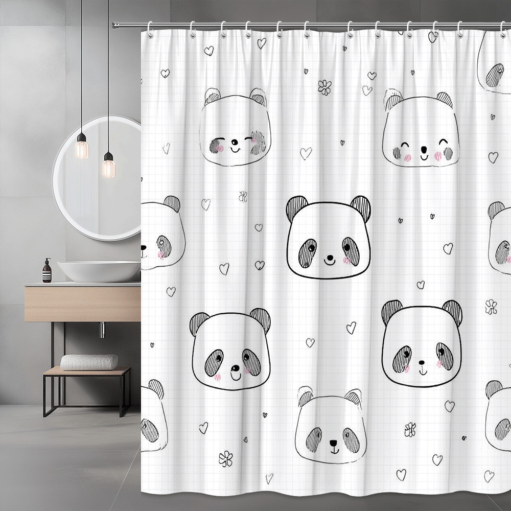 Panda Face Shower Curtain Cute Heart Doodle Print