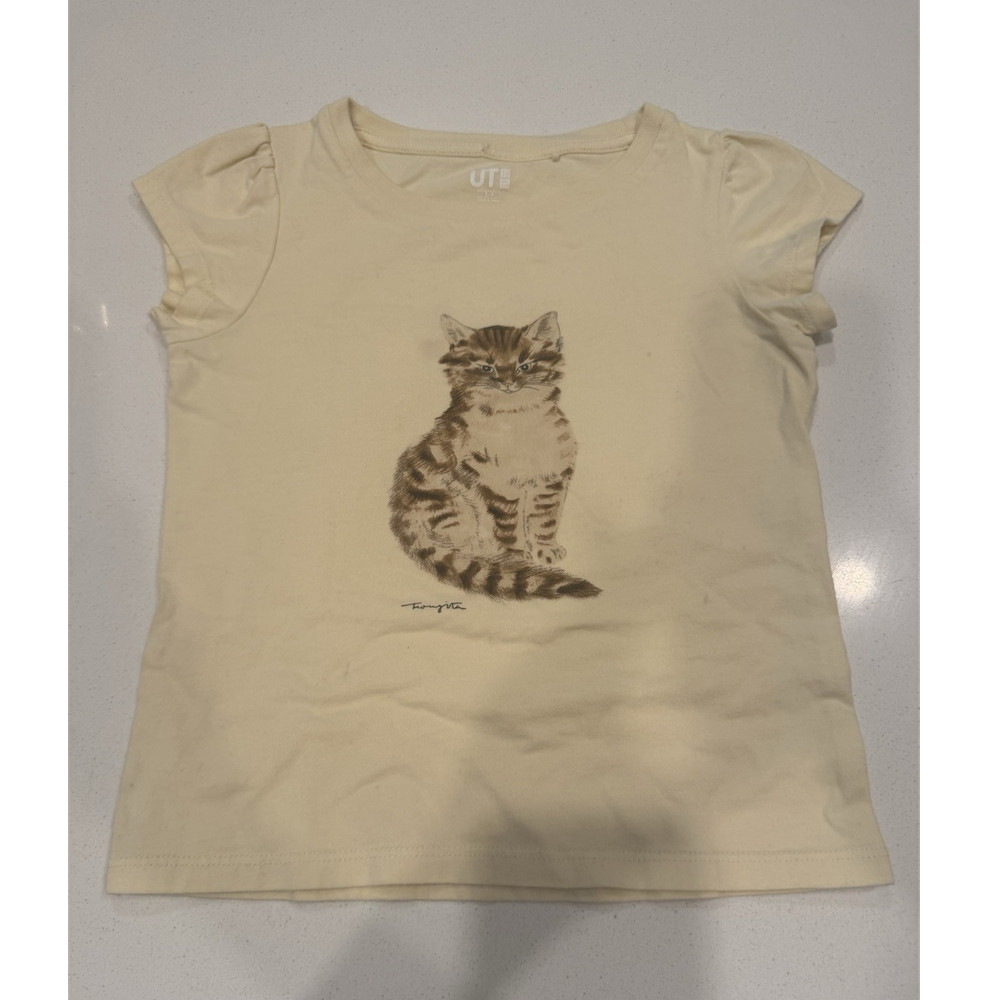 UNIQLO UT Girls Size 3-4 Beige Cat Graphic Print Crew Neck Short Sleeve Tee
