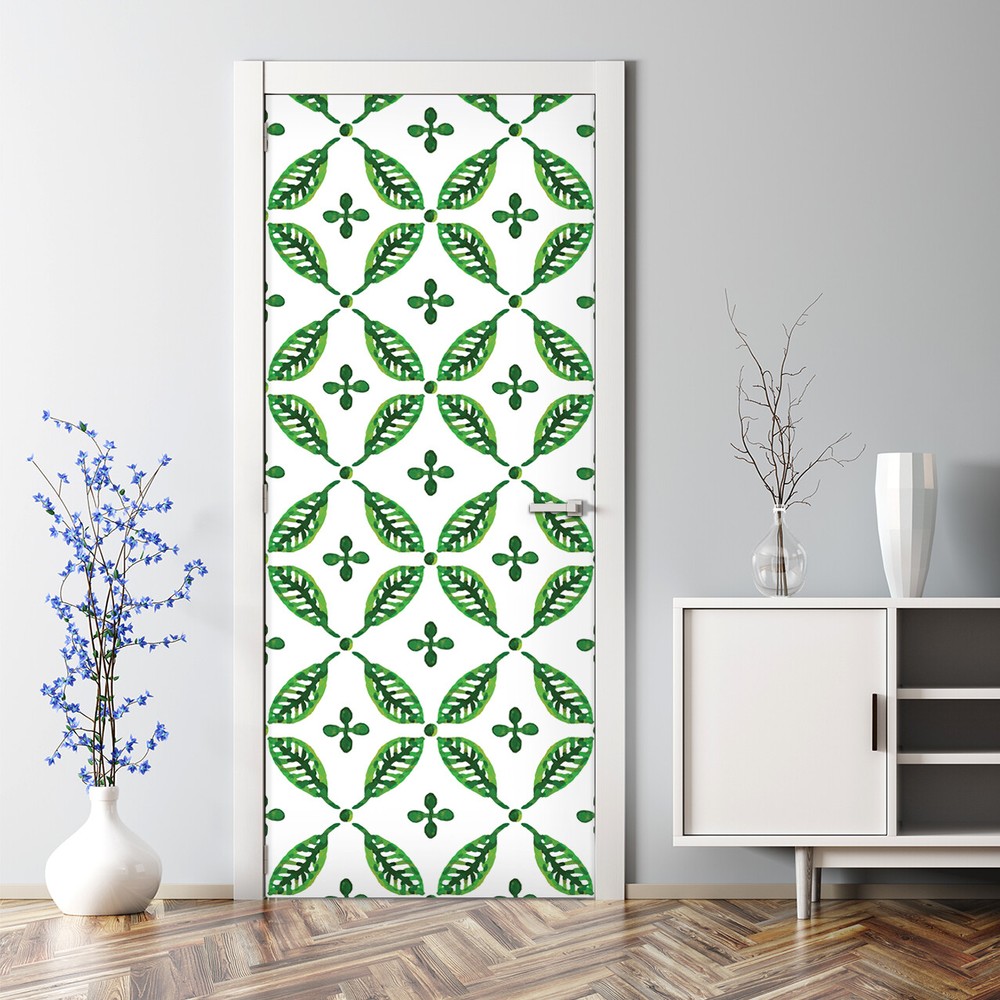 Adhesive Door sticker Watercolour green leaves Dot cross White Botanical pattern