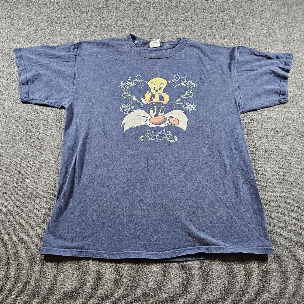 Vintage Looney Tunes Shirt Mens Large Blue Sylvester Tweety Flowers 1997 90s