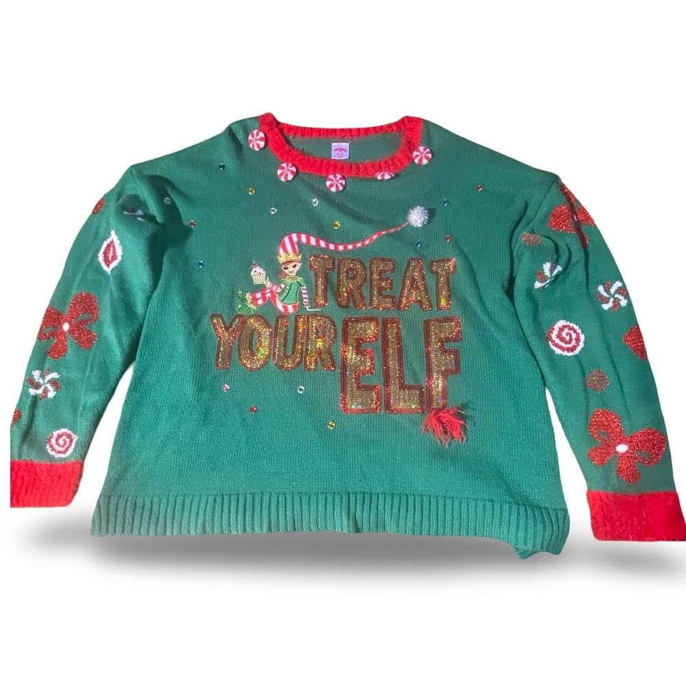 Holiday Time Women's Ugly Christmas Sweater XL/XG Treat Your Elf Green Red