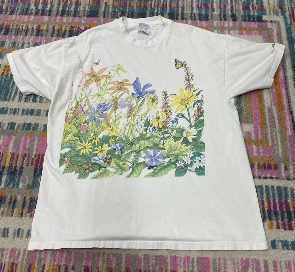 Vintage 1992 Joyce Reed Wild Flowers Print T Shirt Sz. XL Botanical Nature STAIN
