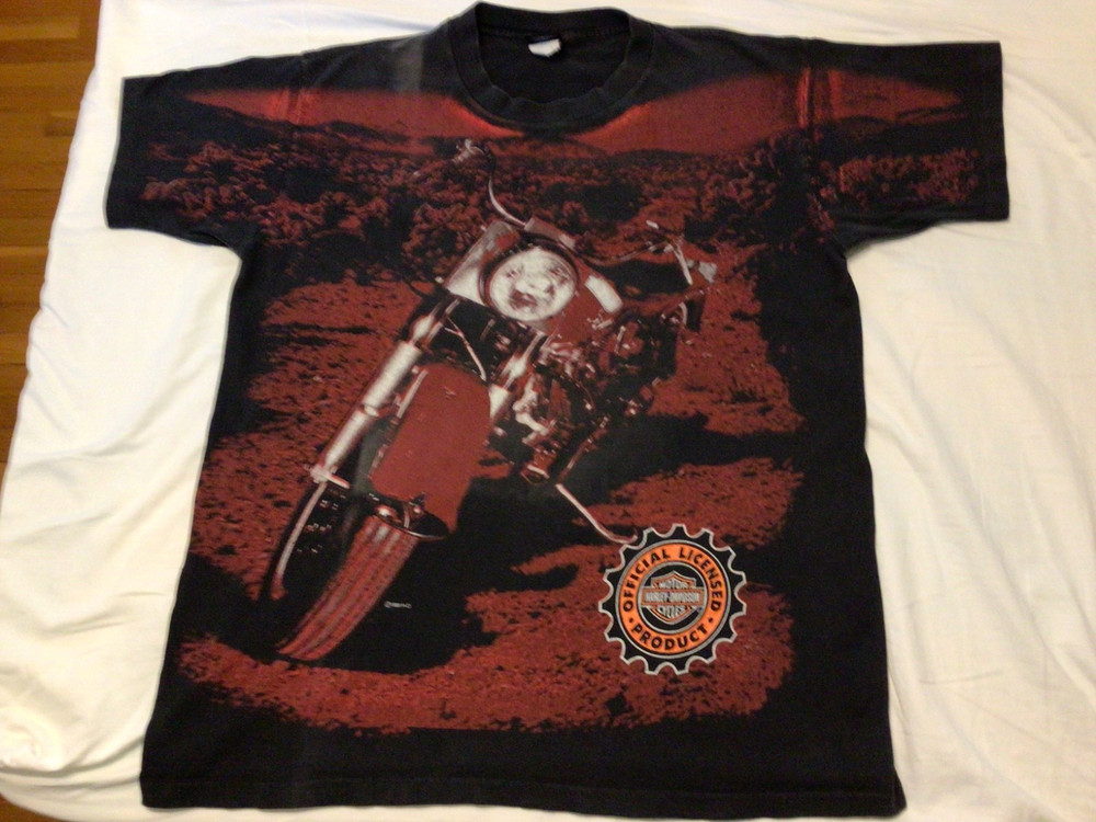 Vintage 1996 Single Stitch Harley Davidson All Over The Front T Shirt Mens L USA