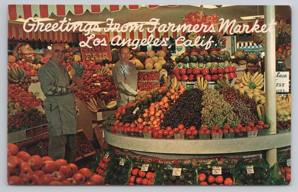 Greetings from Farmers Market Los Angeles California CA Fruit Produce Postcard