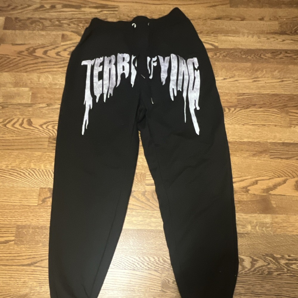 ROMWE Black Graphic Print Jogger Pants L Drawstring Pockets Elastic Waist