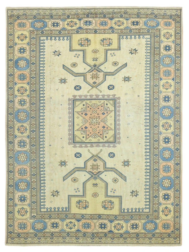 Hand Knotted Oushak Rug Cream Blue Wool Area Rug Geometric Turkish Design Carpet