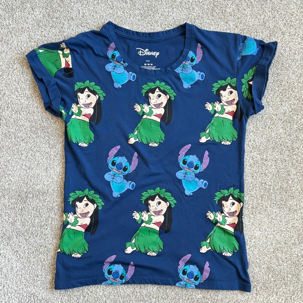 Disney Shirt Lilo & Stitch Blue Girls Medium Cuffed Sleeves