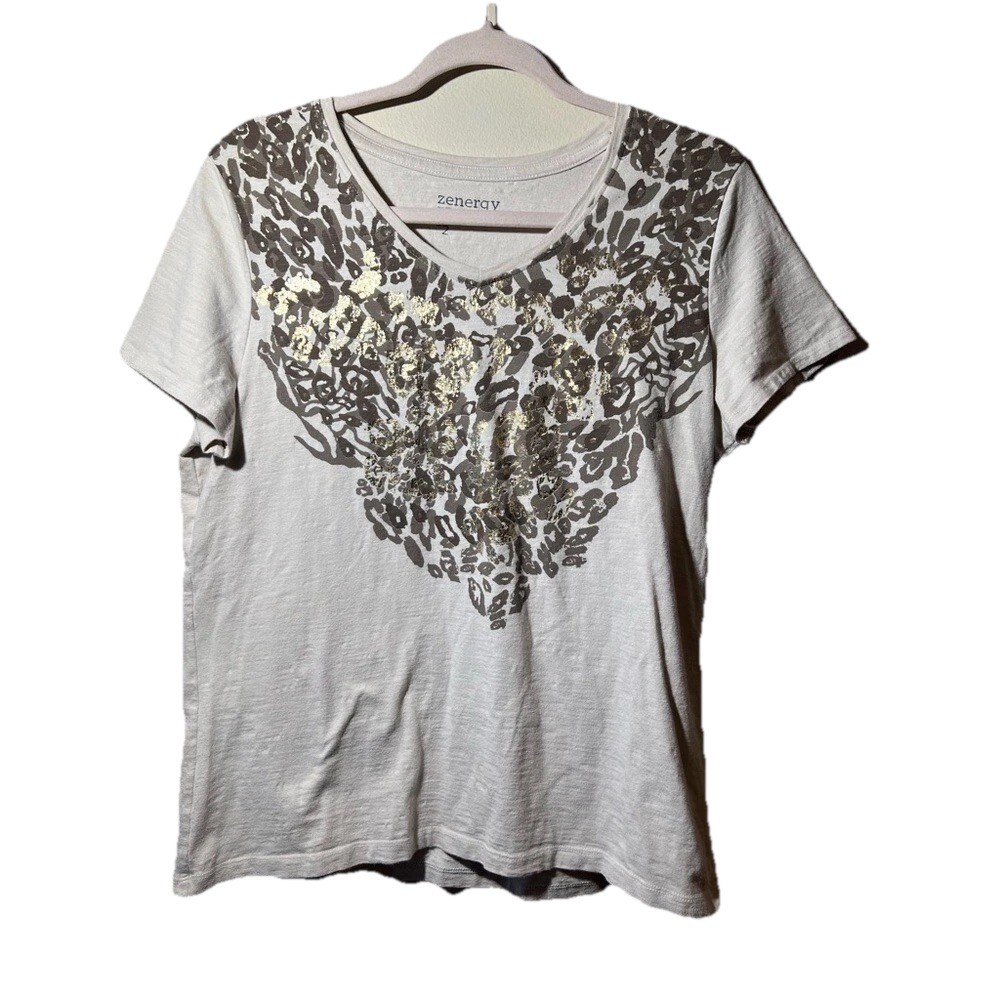 Chico’s Zenergy Tee Top Women M Size 2 Metallic Animal Print Short Sleeve Ivory