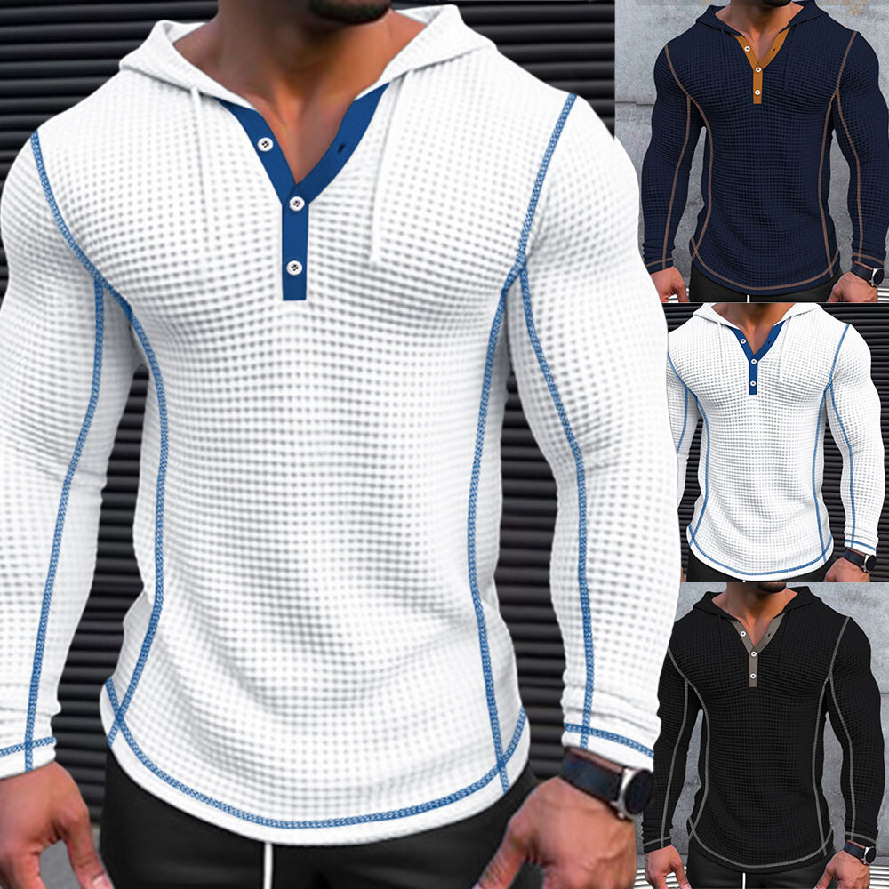 Men Long Sleeve Hooded Tee Waffle Sport Gym Fitness Muscle Slim Fit Tops Shirt