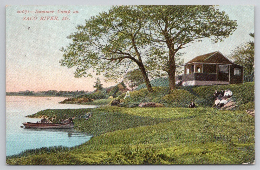 1908 Summer Camp Saco River Maine Postcard Biddeford ME Postmark German Print