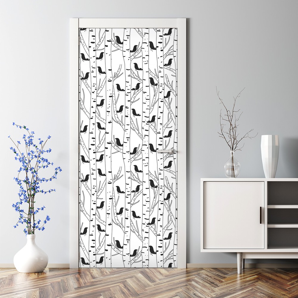 Bubble-Free Black and White Birds and Trees Door Sticker for Kids Room
