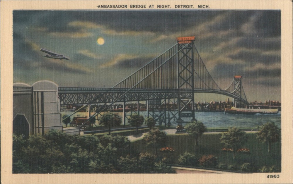 Detroit, Michigan MI Ambassador Bridge Night Original Vintage Postcard