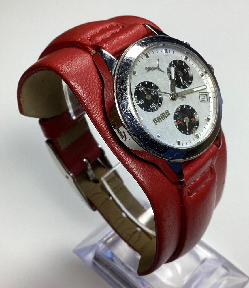 Puma Ladies Watch Red Bund Leather Band Silver Multi Dial New Battery
