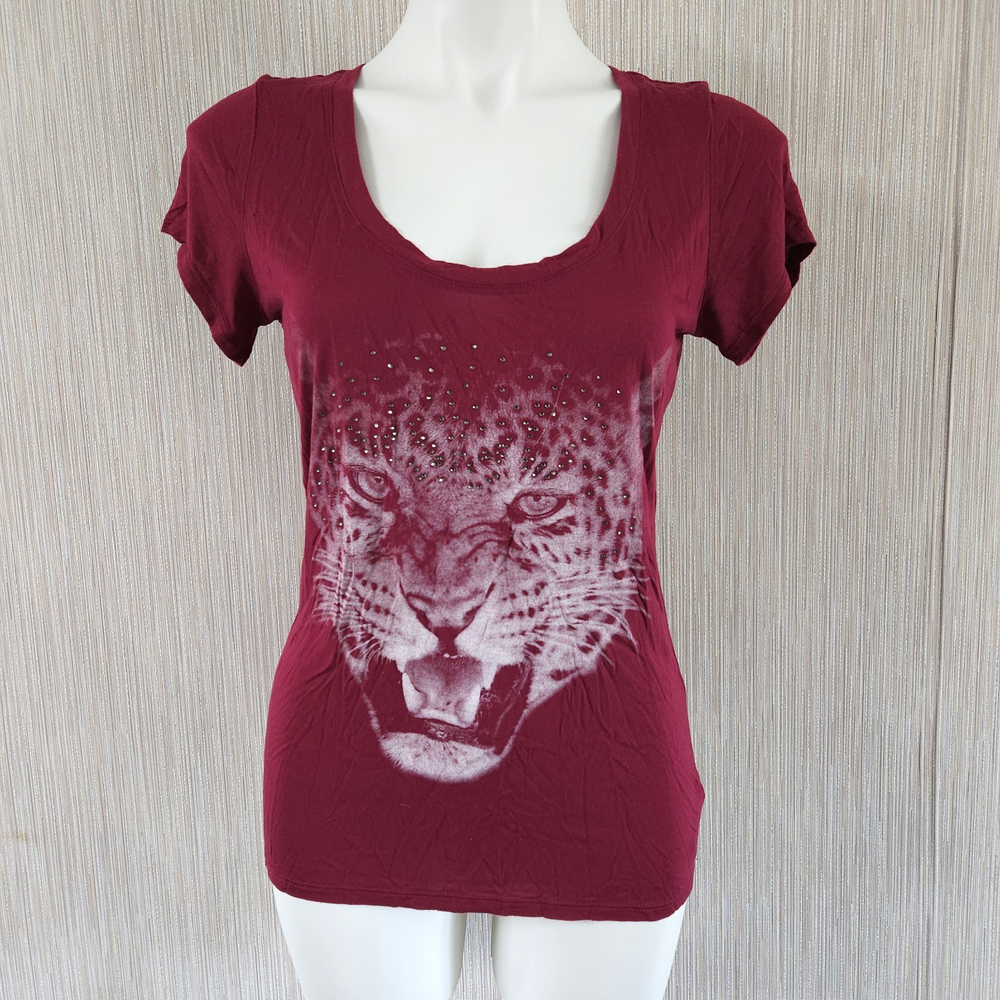 Leopard Face Graphic Tee Shirt Red Maroon Express Small Cheetah Print Top Long