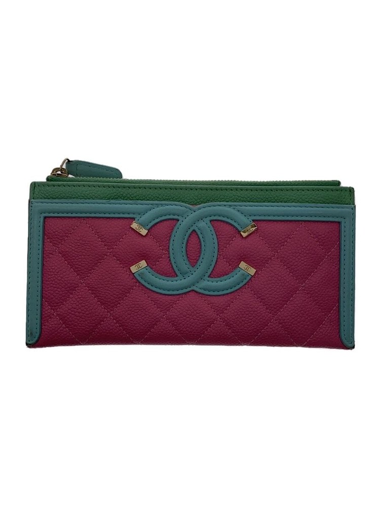 CHANEL Caviar Leather CC Filigree Zip Long Wallet in Pink Pre-Loved A81942  