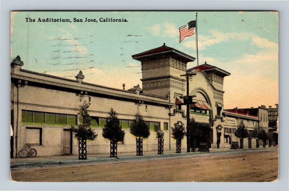 San Jose CA-California, The Auditorium, Flag, Street View c1920 Vintage Postcard