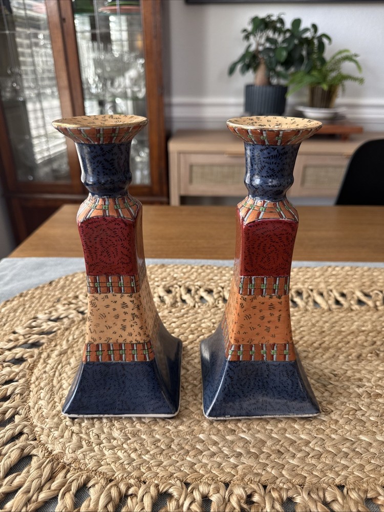 Pair of Candlesticks Blue Red Yellow Asian Candle Holders Eclectic 9” Maximalist
