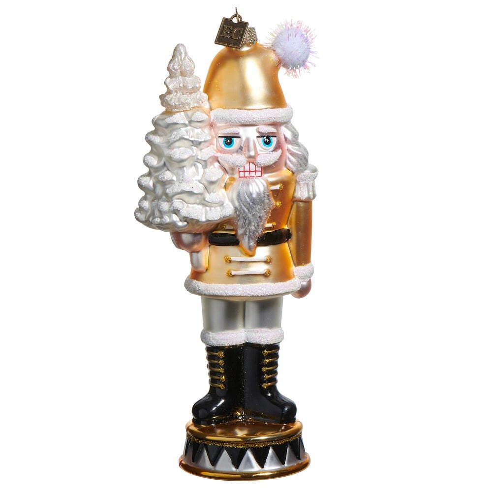 Gold Nutcracker Holding Christmas Tree Glass Ornament 7