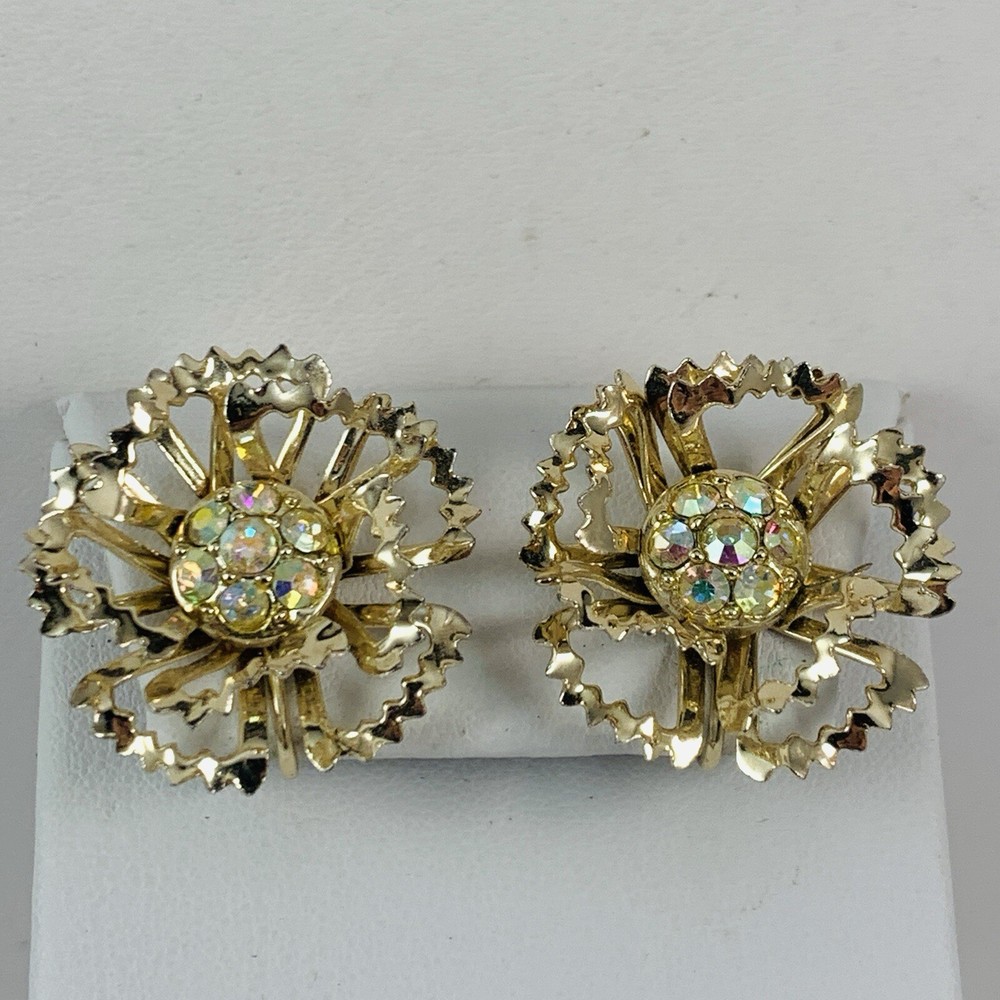 Vintage SARAH COVENTRY Signed AB Rhinestone Flower Gold Tone Clip on Earrings