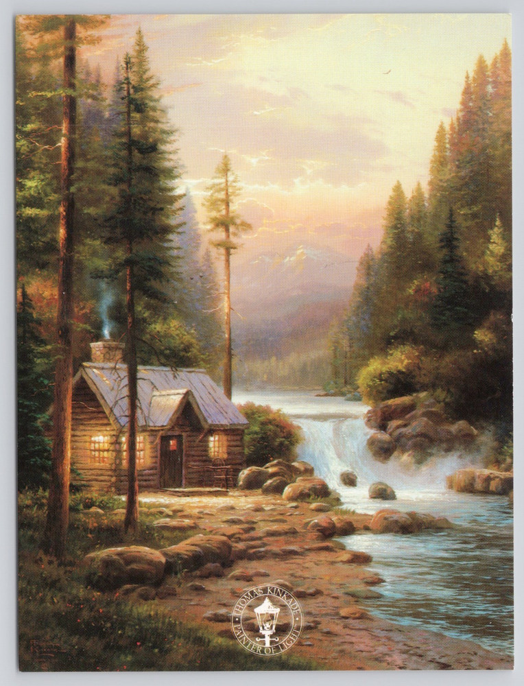 Evening in the Forest Thomas Kinkade Log Cabin Waterfall Dealer Postcard E10