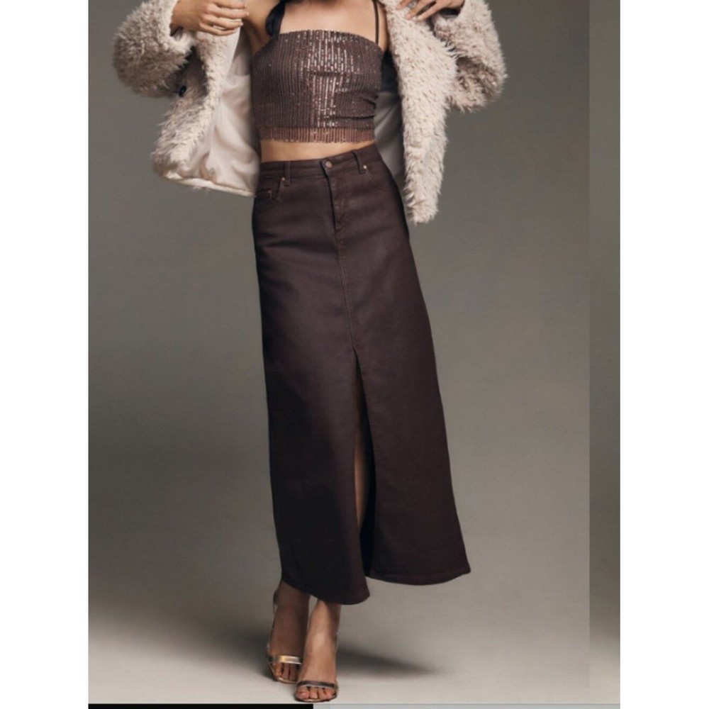 Pilcro Anthropologie The Madi Slit Denim Maxi Skirt Waxed Brown Western Sz 4 EUC