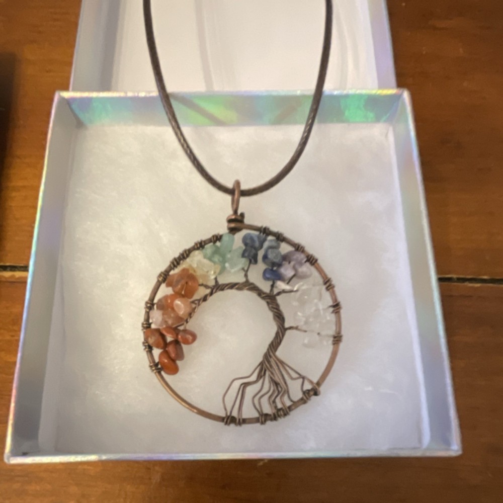 Handcrafted Copper Wire-Wrapped Tree of Life Gemstone Chip Pendant Necklace