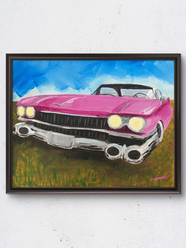 Pink Cadillac In Field Vintage Expressionist Original Art 14x11 Canvas