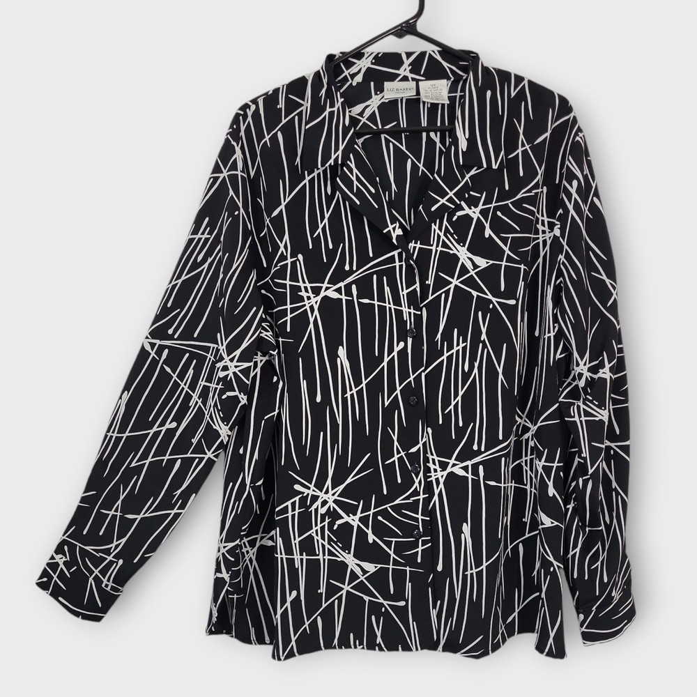Liz Baker Blouse Button Down Shirt Womens 18W Black White Abstract Graphic-image
