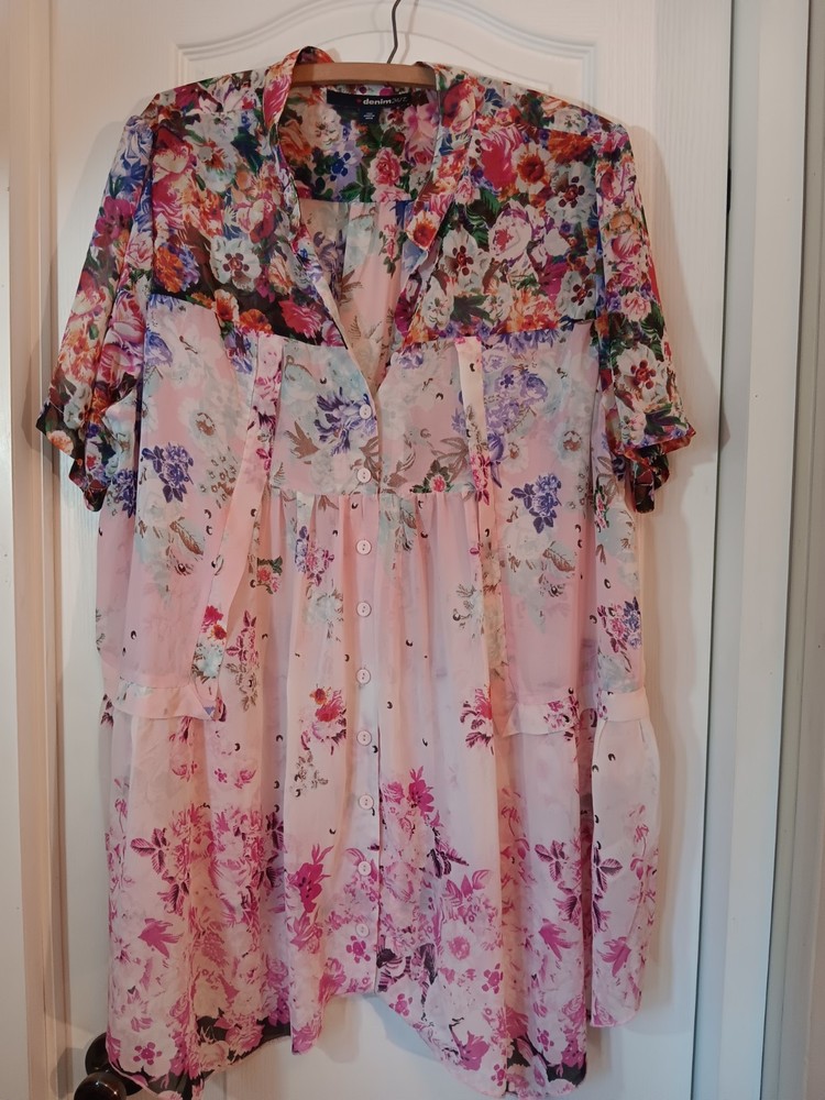 Women's Sheer Floral Long Sleeve Button Down Blouse, Size 20W