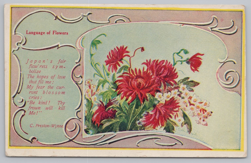 Greetings~Red & White Flowers of Japan Language of Flowers~Vintage Postcard