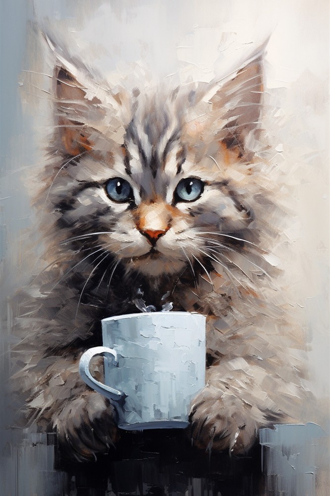 Framed Linen Canvas Printing Modern Abstract Animals Cats with Cups Painting art